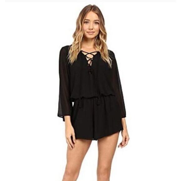 Show Me Your MuMu Pants - Show Me Your Mumu womens Tillie Tie Romper size S Small black Tassel Neck